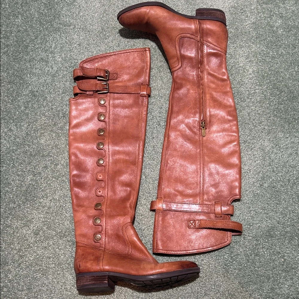 Sam Edelman Pierce 2 Athletic Button-Accent Riding Boots - Cognac Brown. Size 8